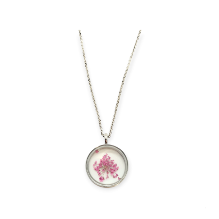 necklace steel silver chain and case with purpple flowers